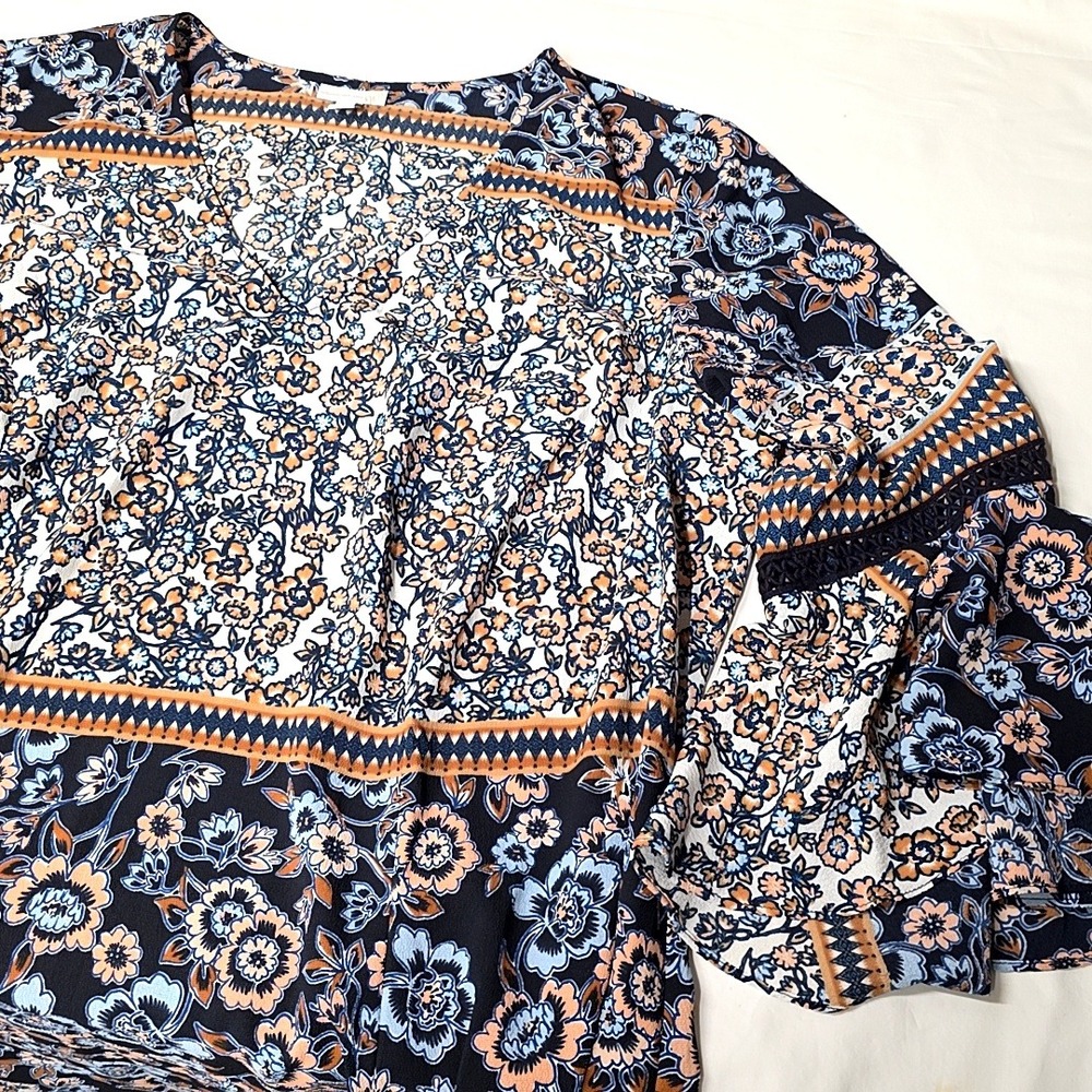 Westport‎ 1962 Shift Dress Women 3X Navy Blue Floral Boho Bell Sleeve V-Neck